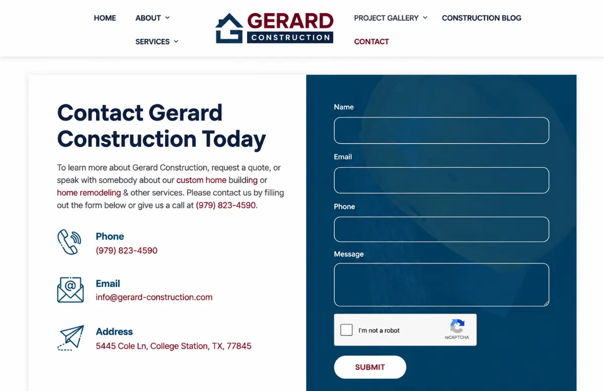 Gerard Construction website contact page